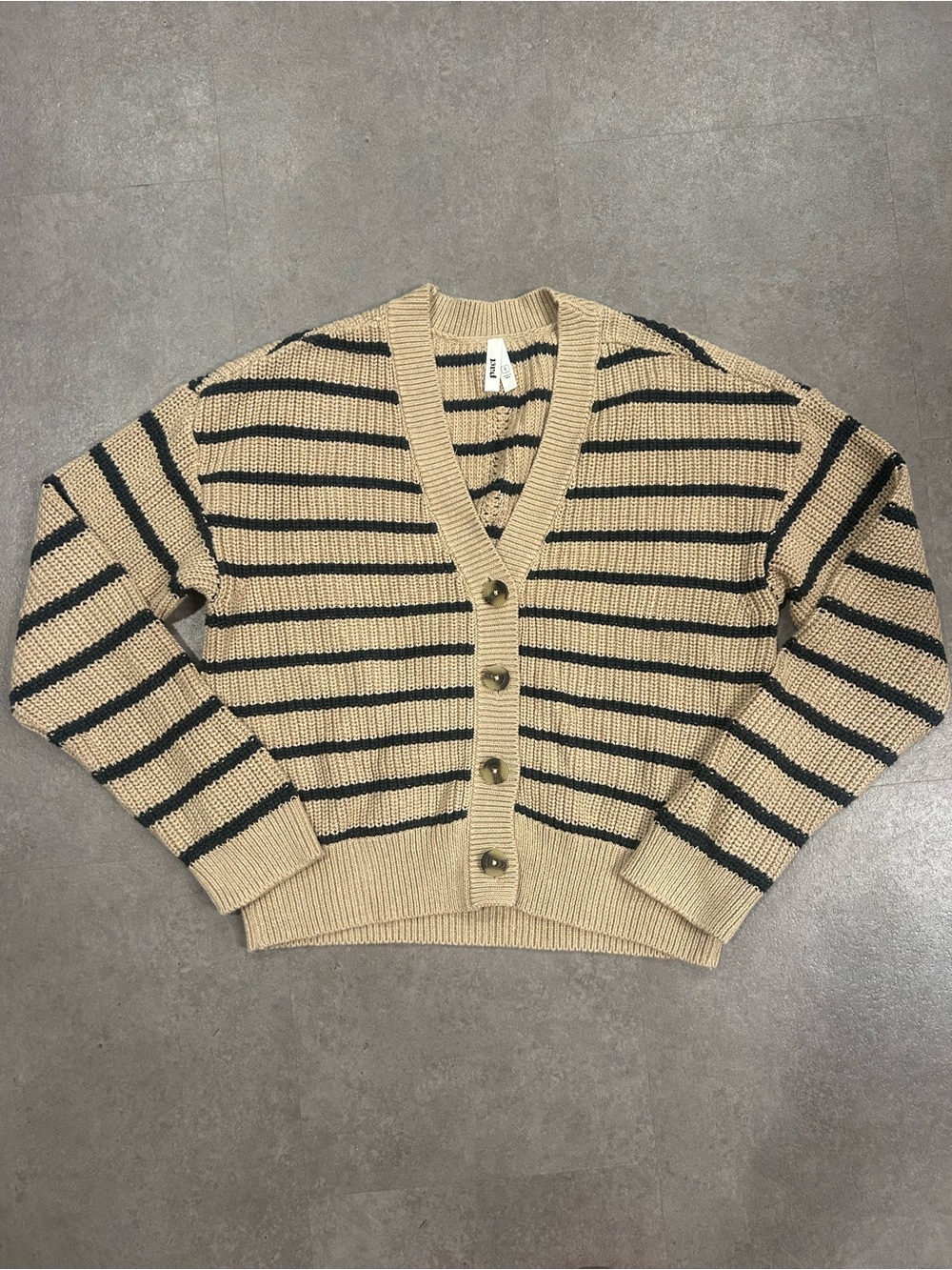 Pact Organic Cotton Striped Button Cardigan Tan Black Size S